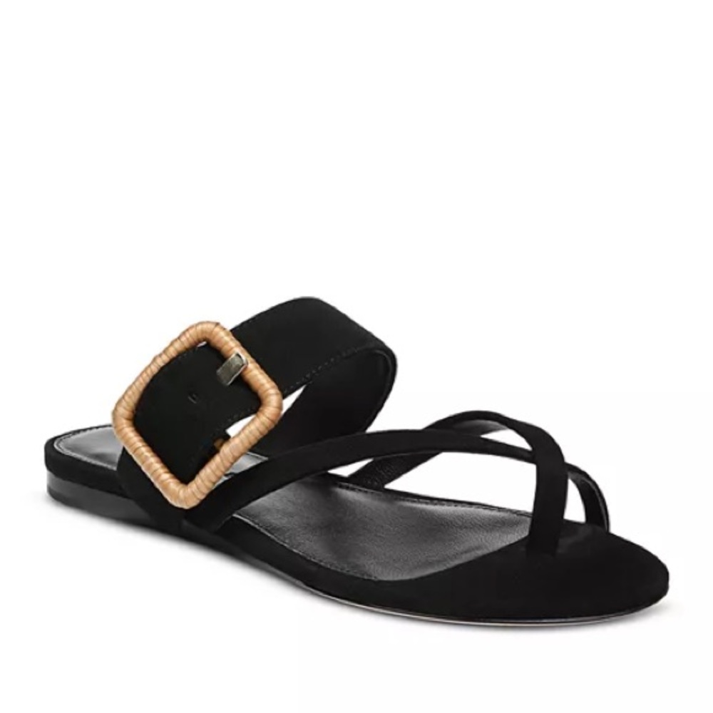 Veronica Beard Black Suede Rattan Buckle Sandal | 11